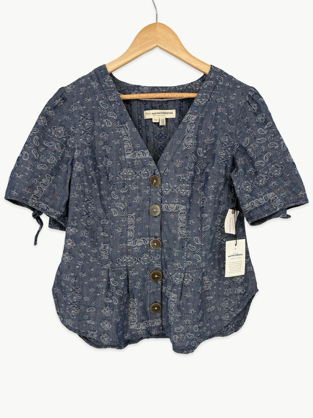 Pilcro Anthropologie Paisley Chambray Button Front Blouse Size 4 Tie Sleeve NWT - Picture 6 of 13